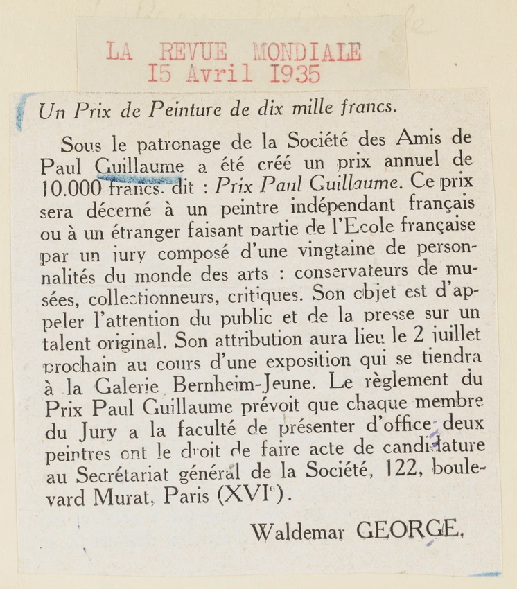 Un prix de peinture de dix mille francs - Waldemar George | Musée de l ...