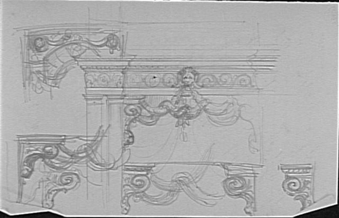 Charles Lameire - Croquis d'un linteau avec mufle léonin et de plusieurs console...
