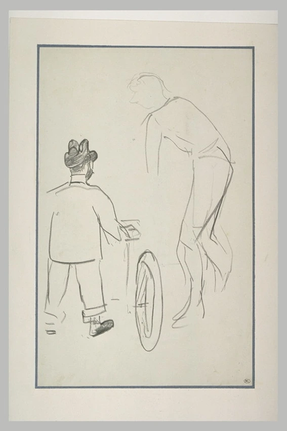 Henri de Toulouse-Lautrec - Lautrec de dos, semble tenir une bicyclette, et silh...