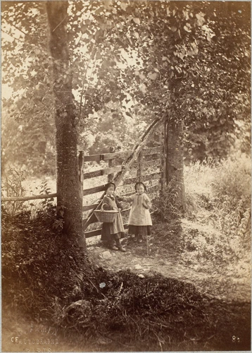 Constant Alexandre Famin - Deux enfants près d'une barrière, forêt