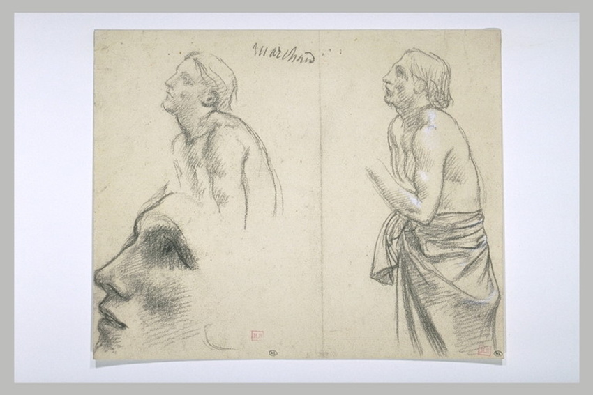 Pierre Puvis de Chavannes - Feuille d'études d'un homme à demi nu, de profil à g...