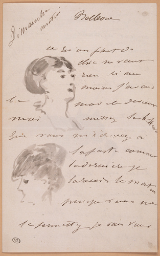 Edouard Manet - Lettre à Isabelle Lemonnier décorée de deux têtes de femmes