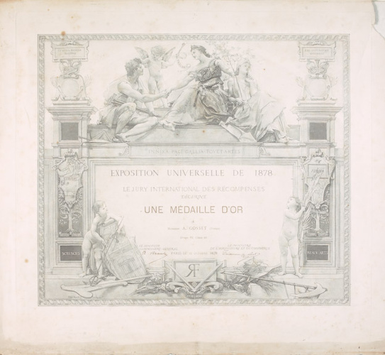 Paul Baudry - Diplôme de récompense, médaille d'or, décerné à Alfonse Gosset lor...