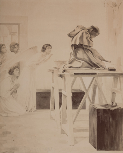 Paul Flandrin - Un moine peintre agenouillé sur un échafaud , main sur le visage...