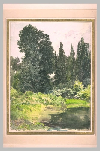 Jules Jacquemart - Paysage avec un étang entouré de hautes herbes