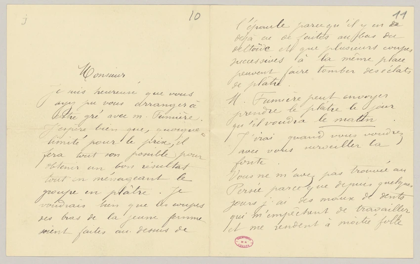 Camille Claudel - Lettre de Camille Claudel au capitaine Tissier qui met à dispo...