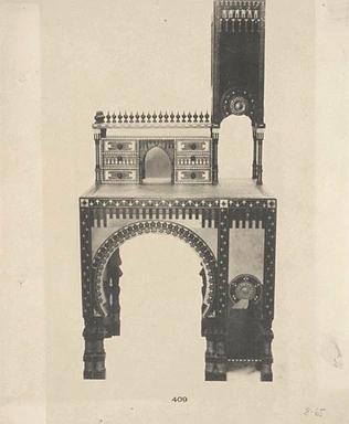 Page de catalogue commercial représentant des pièces de mobilier et des objets de décoration réalisés par Carlo Bugatti : n° 409 - Anonyme