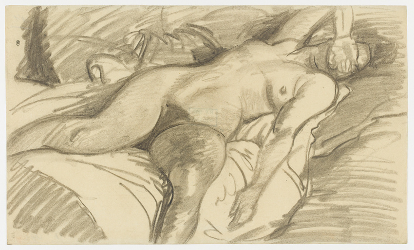 Théophile Alexandre Steinlen - Etude de femme nue, couchée sur un lit cachant le...