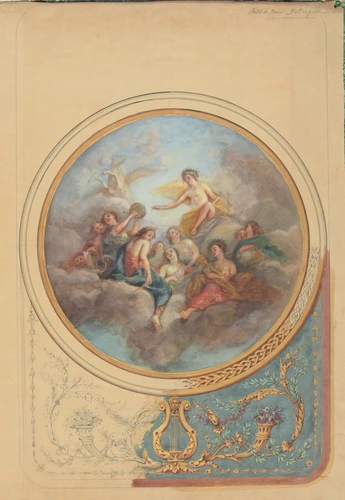 Projet de peinture pour un plafond : Apollon, Pégase et musiciennes dans un médaillon circulaire - Anonyme