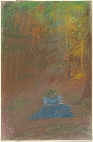 François Garas - Jeune femme accroupie dans un sous bois