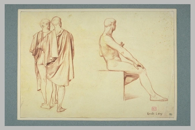 Emile Lévy - Deux éphèbes, debout, de dos, et homme nu, assis