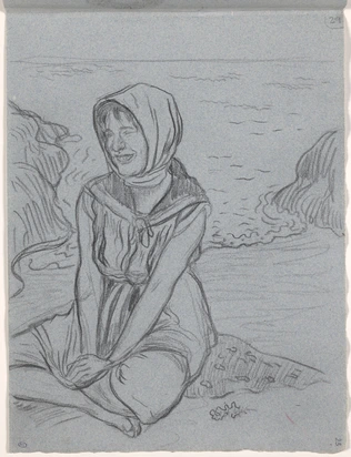 Jeune femme accroupie au bord de l'eau, pieds nus et foulard sur la tête - Georges Lacombe