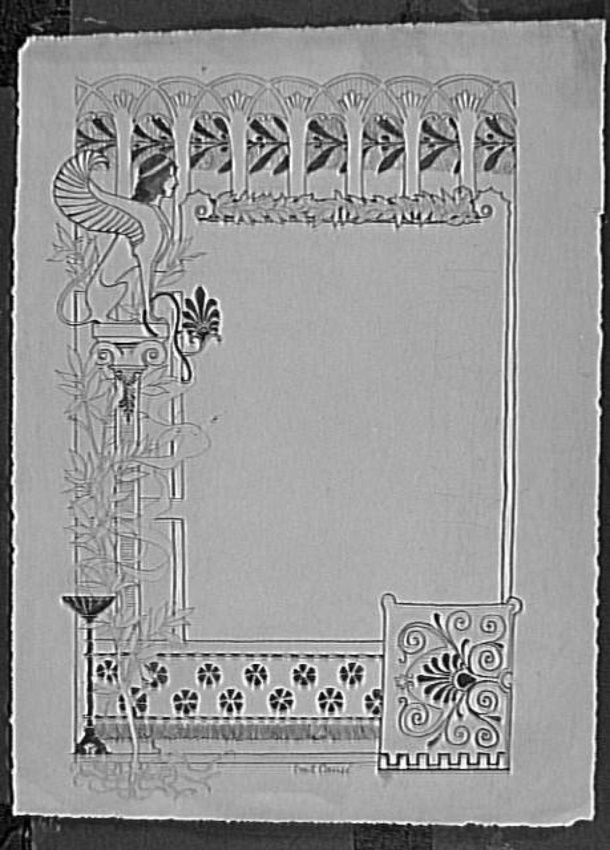 Emile Causé - Encadrement de page à décors végétaux stylisés, sphinge assise sur...