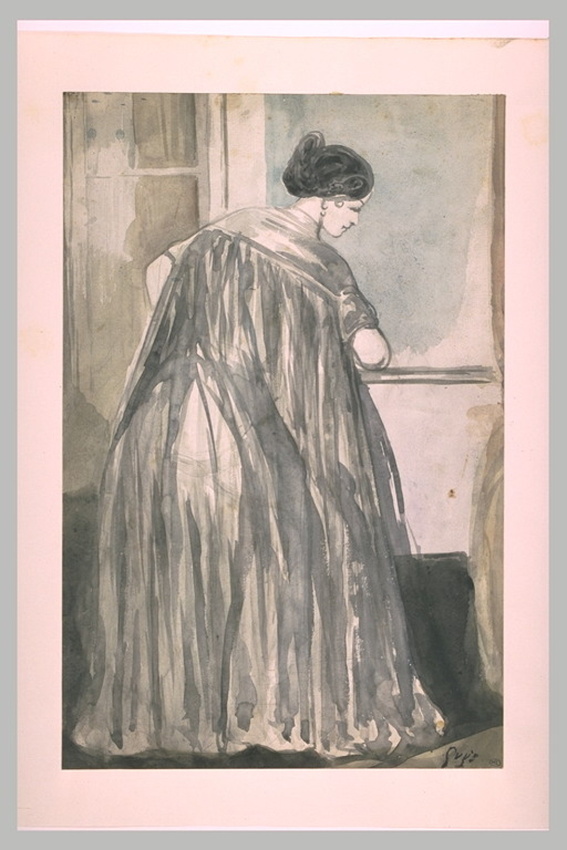 Constantin Guys - Femme à la fenêtre, debout, de dos, en peignoir bleu