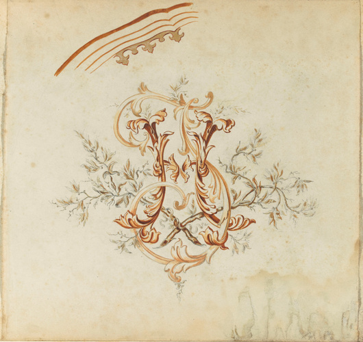 Emile Gallé - Chiffres H et J fleuronnés, esquisse de la bordure de l'assiette f...