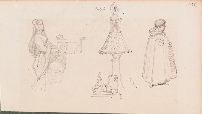 Louis Boitte - Lutrin, et deux personnages en costumes médiévaux