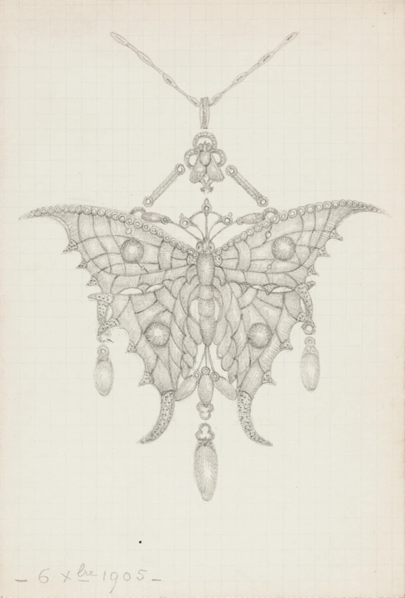 Pendentif papillon, trois gouttes en chute, anneau, chaîne - Enguerrand du Suau de la Croix