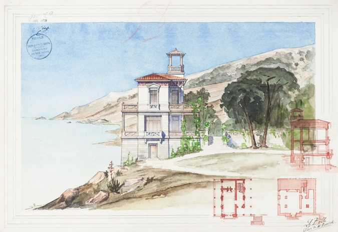 Louis Pille - Concours d'émulation, projet de villa au bord de l'eau, vue d'ense...