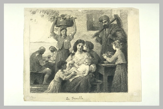 Edouard Sain - Femme assise, entourée de trois enfants, tout autour, plusieurs p...