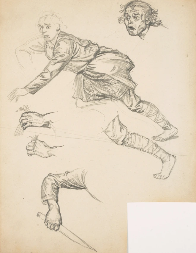 Eugène Grasset - Etude de guerrier, costume barbare et études de bras, mains, ja...