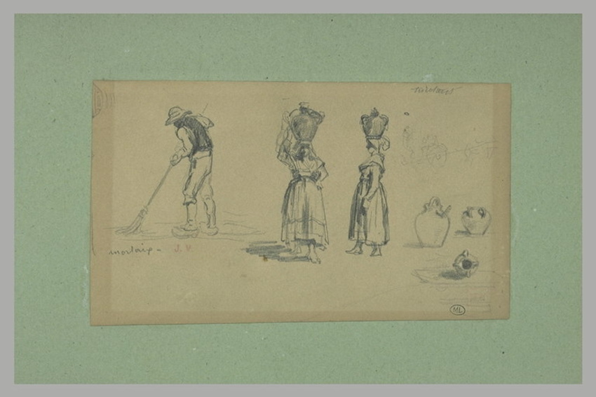 Jules Jacques Veyrassat - Paysan, deux bretonnes portant des cruches, études de ...