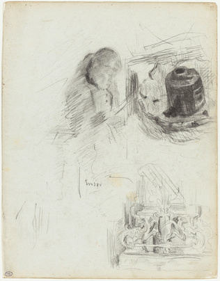 James Ensor - Feuille d'études : encrier, buste de femme et pièce d' orfèvrerie