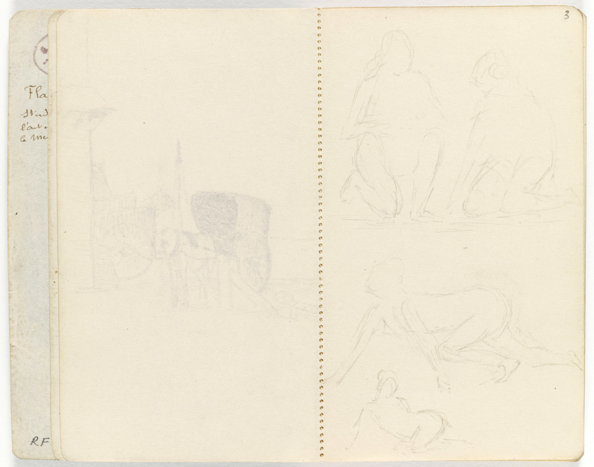 Jean Hugues - En haut, croquis de deux silhouettes, l'une avançant à quatre patt...