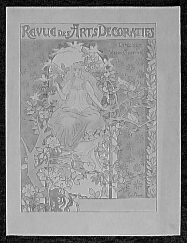 Page de couverture de la Revue des Arts Décoratifs représentant une jeune femme assise sur une branche d'arbre fruitier, entourée d'oiseaux, sur fond architecturé, fleurs au premier plan - Emile Causé