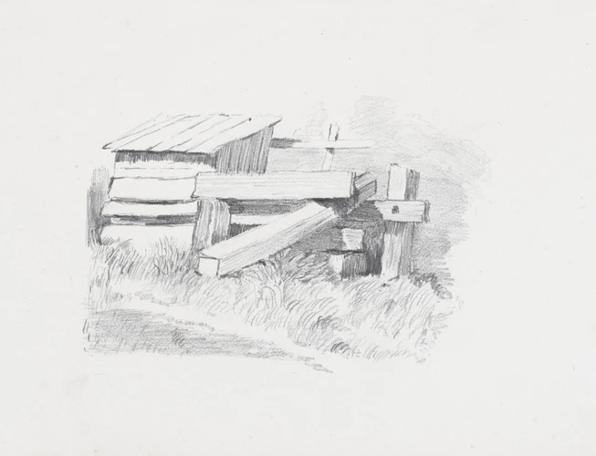 Enguerrand du Suau de la Croix - Dessin d'une cabane et barrière en bois, au bor...