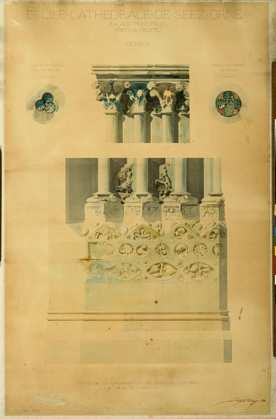 Soubassement, chapiteau, rosaces de la façade de la cathédrale de Sées (Orne) - Victor Ruprich-Robert