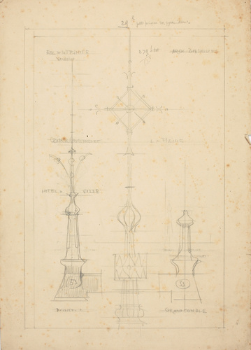 Maison Monduit - Trois croquis d'épi de faîtage dont l'un surmonté d'une flèche