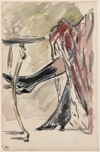 Edouard Manet - Deux jambes avec bottines sous une jupe rouge, devant un guérido...