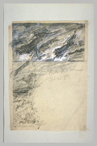 Luc Olivier Merson - Projet d'illustration pour Macbeth : trois sorcières volent...