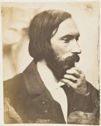 Auguste Vacquerie - Autoportrait, la main au menton, avec la fin du texte manusc...