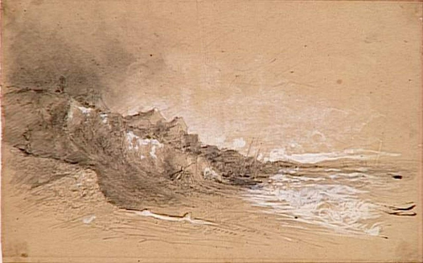 Eugène Boudin - Mer déferlant sur une plage avec des barques échouées ou La Fala...