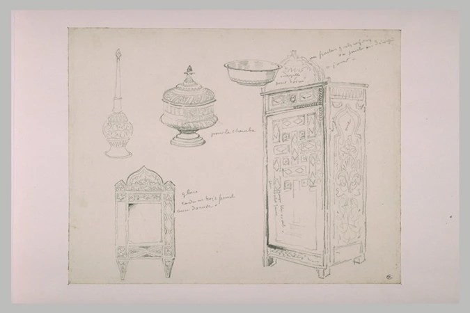 Gustave Guillaumet - Etude d'objets : bouteille, récipient à couvercle, bassin, ...