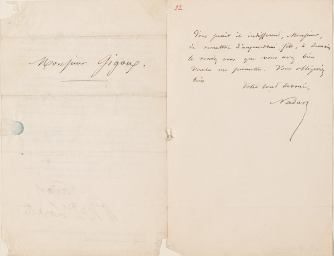 Nadar - Lettre de Félix Nadar en vue de la préparation du Panthéon (celle-ci est...