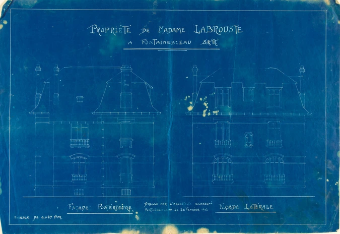 Propriété de Madame Labrouste à Fontainebleau. S et M. Façade postérieure et façade latérale - Alfred Vaudoyer