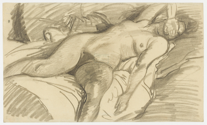 Théophile Alexandre Steinlen - Etude de femme nue, couchée sur un lit cachant le...