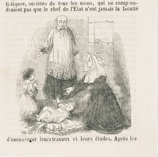 Anonyme - Scène devant une église avec un clerc, un jeune enfant, un nouveau-né ...