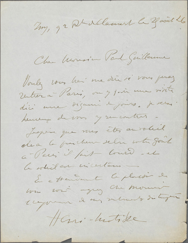 Henri Matisse - Correspondance manuscrite : Henri Matisse à Paul Guillaume