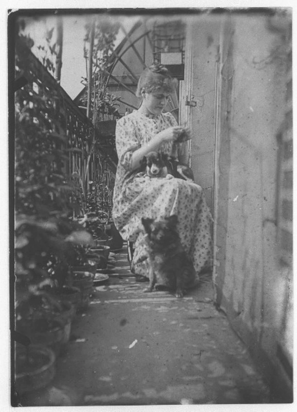 Henri Rivière - Madame Rivière assise sur un balcon, cousant, un chien sur les g...
