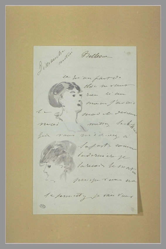 Edouard Manet - Lettre à Isabelle Lemonnier décorée de deux têtes de femmes