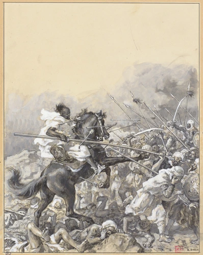 Etienne Dinet - Antar sur un cheval cabré se bat contre toute une armée