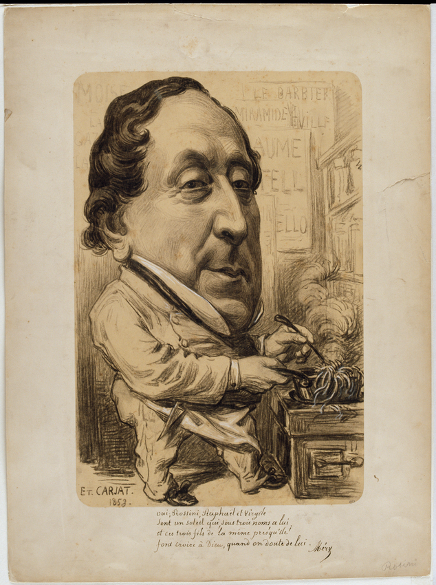 Etienne Carjat - Portrait-charge de Rossini, avec une tête énorme sur un petit c...