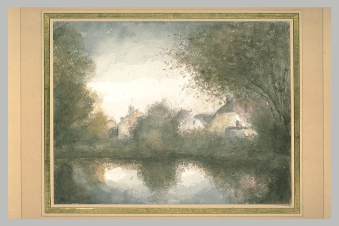 Just Becquet - Rivière et rive avec maisons et arbres, dans un brouillard léger