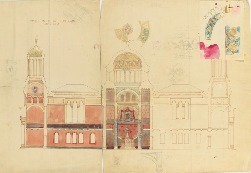 Exposition universelle de 1900, pavillon royal de Roumanie, coupe longitudinale et étude du décor - Jean-Camille Formigé
