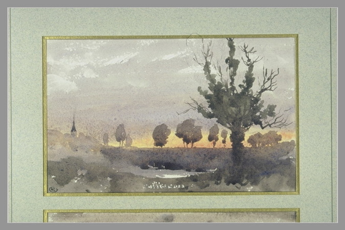 Paysage avec une mare et des arbres