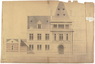 Gaston Redon - Porte de ville, élévation, projet assorti d'une esquisse au crayo...