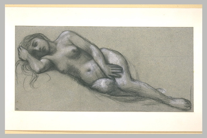 Pierre Puvis de Chavannes - Femme étendue vers la gauche, la main gauche contre ...